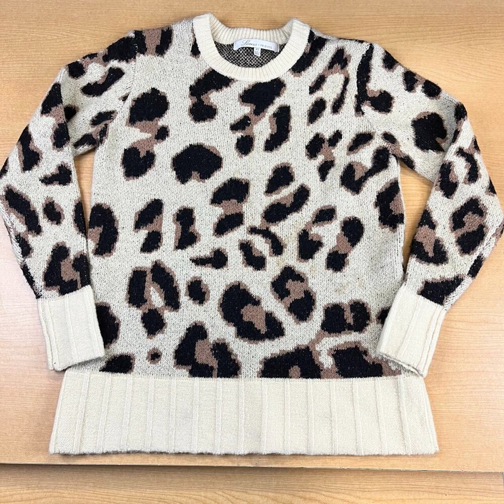 Lovers Friends Speak Up Sweater Animal Print Sleeve Cream Black Knit Size XS